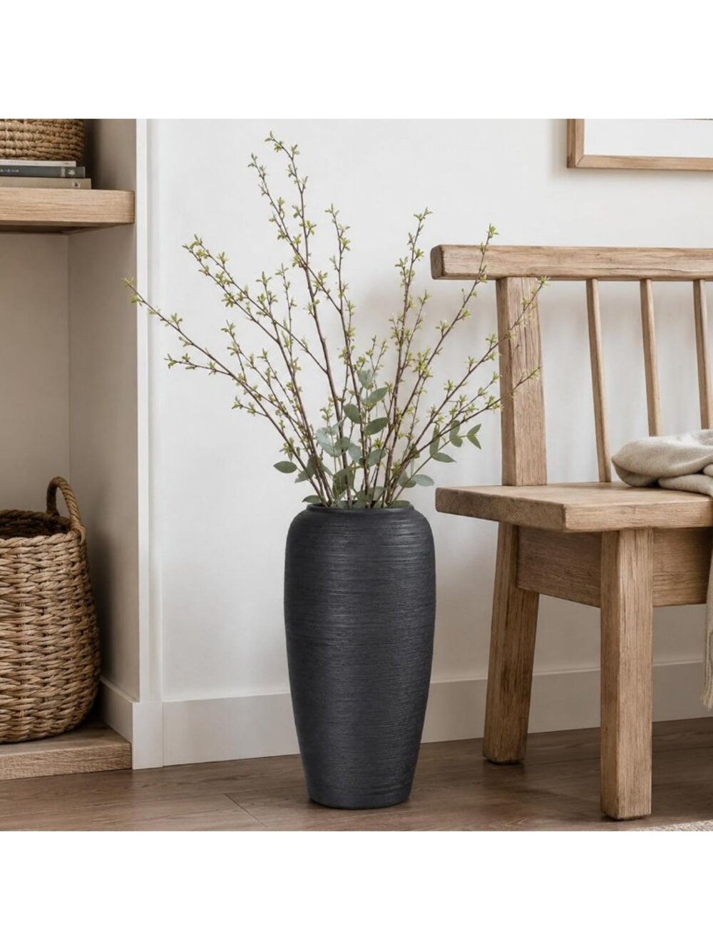 Large Black Ceramic Floor Vase - 18.9" Tall Textured Design for Pampas Grass